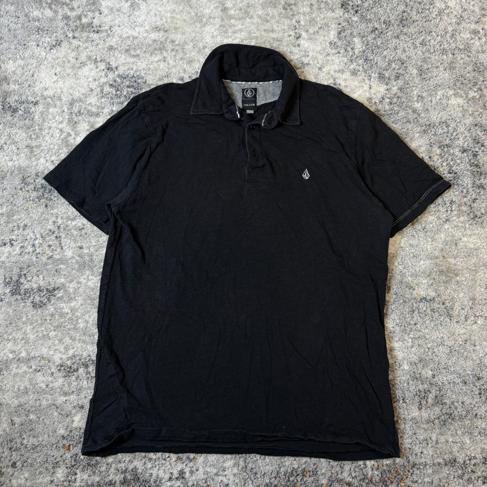 Volcom Mens Polo Shirt Large Black Short Sleeve Stone Logo Asymmetric Seam L